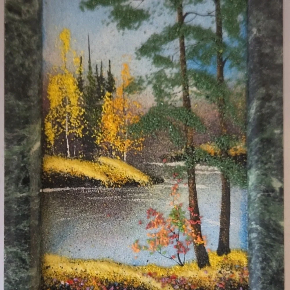 Vintage Russian Fall Scene Mineral Stone Painting in Marble Frame Art - Picture 7 of 10